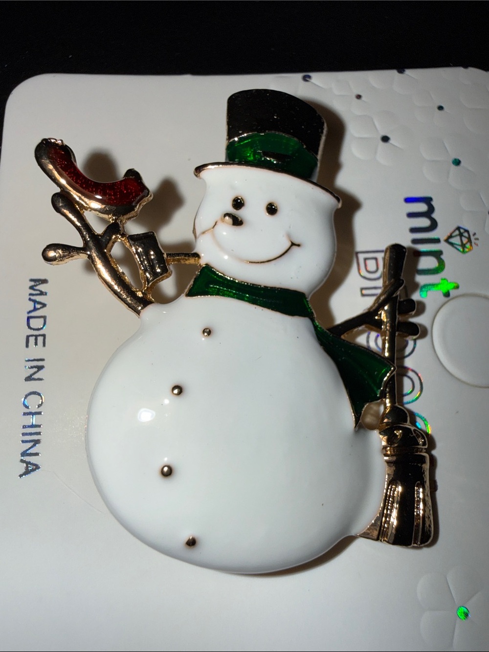 Mint White & Green Enamel Snowman Brooch with Red Bird Accent